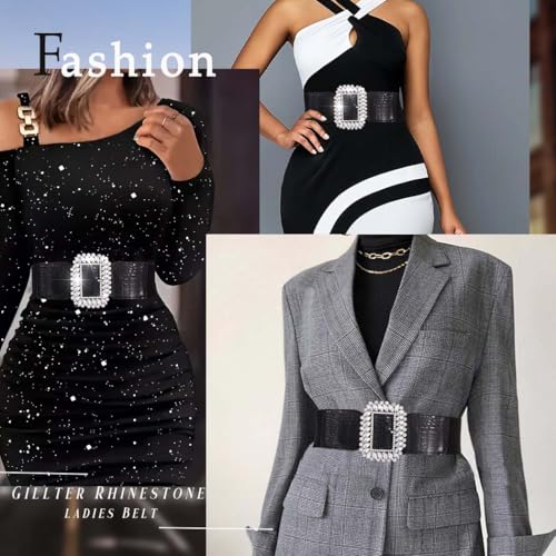 Wide Elastic Waist Belt Rhinestone Buckle Lady Belt for Dresses Sparkle Crystal Stretchy Wide Belt for Women4