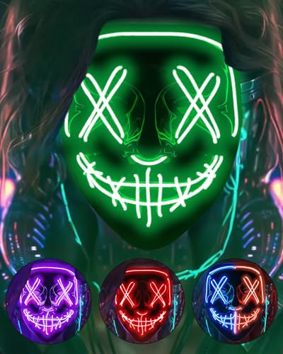 DWTECH Máscara de Halloween LED Disfraz de Halloween LED Glow Scary Light Up Purge Máscaras para Festival Fiesta Carnaval Disfraz de Navidad Cosplay brilla en la oscurida (verde)