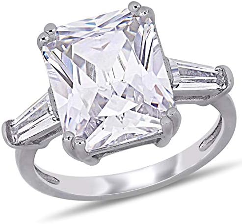 Abbie+Cleo Radiant and Baguette Cubic Zirconia 3-Stone Statement Engagement Ring in Rhodium Flash Plated Sterling Silver, Size 5