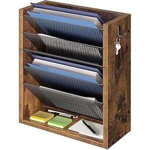 Hanging Wall File Organizer, 6 Tier Wood Wall File Holder with 2 Hooks, Mail Organizer Wall Mounted with Bottom Flat Tray, Vertical Paper Desk Storage for Office, Home, Rustic Brown