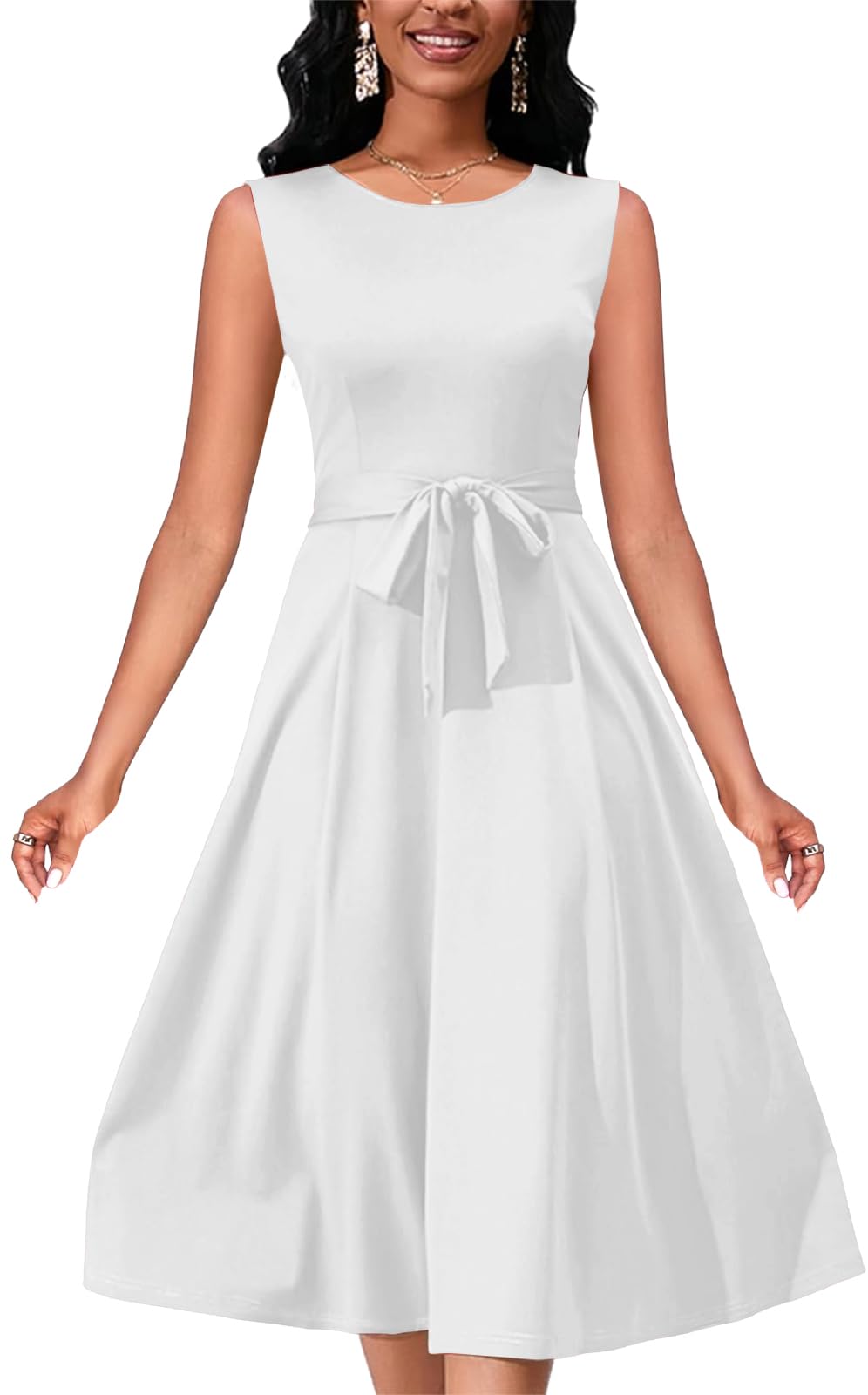 PerZeal Women's Summer Casual Solid Dress Sleeveless Crew Neck Formal Wedding Guest A Line Midi Dress