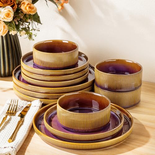 Image of TheTerra Ceramic Dinnerware Sets for 4, 12 Pieces Porcelain Lightweight Plates and Bowls Sets, Scratch Resistant Dish Set, Oven & Microwave & Dishwasher Safe, Amber Amethyst
