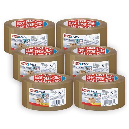 tesapack Ultra Strong – PVC Packing Tape for Firm Packaging and Secure Packing – Brown – 66 m x 50 mm, Pack of 6