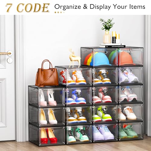 7 code Large Clear Shoe Boxes Organizer【Thicker Material】 Stronger Shoe Box with Magnetic Door, Stackable Shoe Storage Box for Closet, Foldable Space-Saving Storage Bins Shoe Cabinet, Black 9-Pack