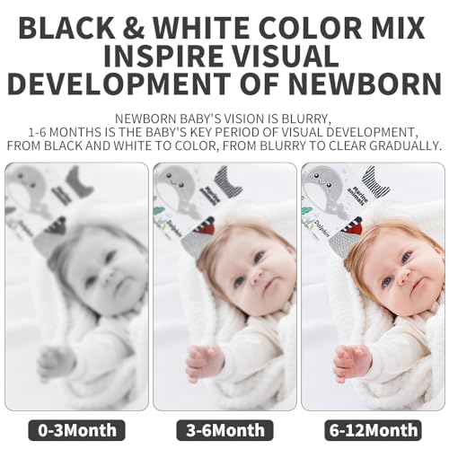 Image of Baby Hanging Rattle Toys, Black and White High Contrast Baby Toys, Stroller Mobile Toy with Soft Plush Animal Rattles and Soothing Sounds, 4 Pack (Animal)