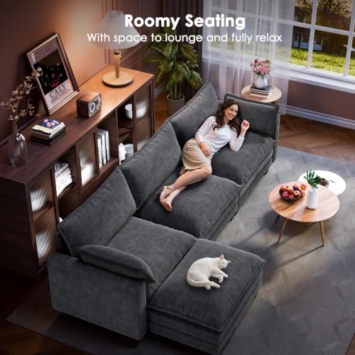 Image of Marsail Modular Sectional Sofa 110.6 inch U-Shaped Modern Comfy Cloud Couch, 5-Seat Chenille Deep Seat Sofa with Throw Pillow & Movable Ottoman for Living Room, Bedroom and Apartment, Grey