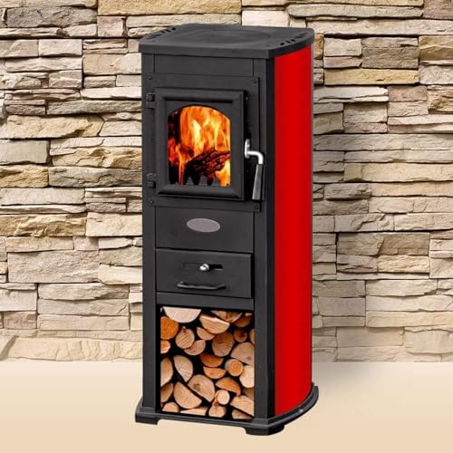 GrecoShop Stufa a legna/Termocamino in acciaio e ghisa 7/8 kW - Mod. Long Hold Fire Bordeaux (Cod....