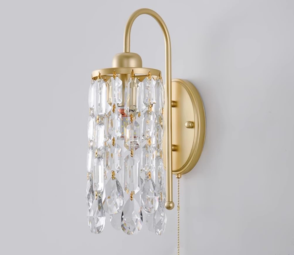 Pull Chain Switch Crystal Wall Sconce Modern Gold Wall Light Crystal Wall Lamp Crystal Bathroom Vanity Bedroom Living Room Light Fixture Decor