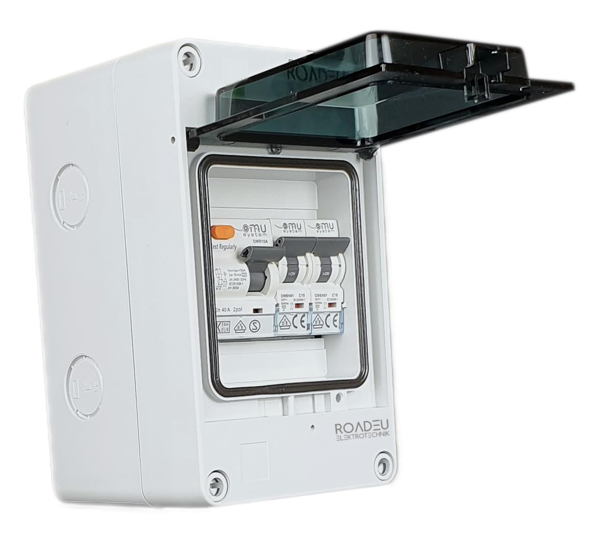 RoadEu - Quadro Elettrico Di Distribuzione - Interruttore automatico C10A e C16A, magnetotermico differenziale 40A 30mA 2P tipo A/AC, IP65 perfetto per il garage, il capanno o il giardino