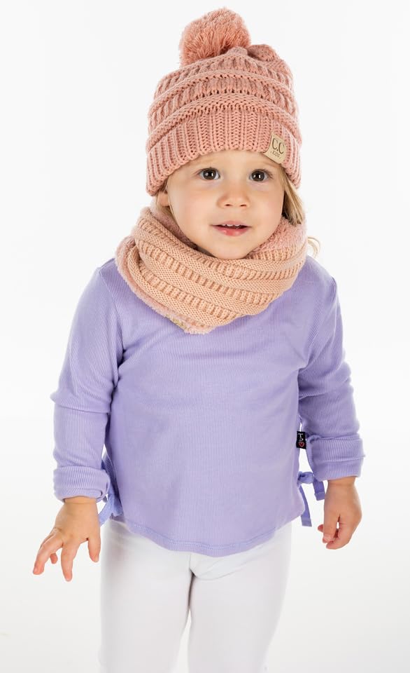 Image of Funky Junque Kids Winter Fleece Lined Neck Warmer Ribbed Knit Pom Pom Winter Beanie Bundle Cold Weather Gaiter Toddler