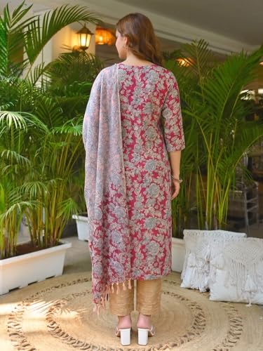 Image of ANNI Designer Cotton Blend Printed Straight Kurta with Pant and Dupatta for Women | Cotton Blend Pink | 3 /4 Sleeve | V-Neck | Ethnic Wear Casual Wear