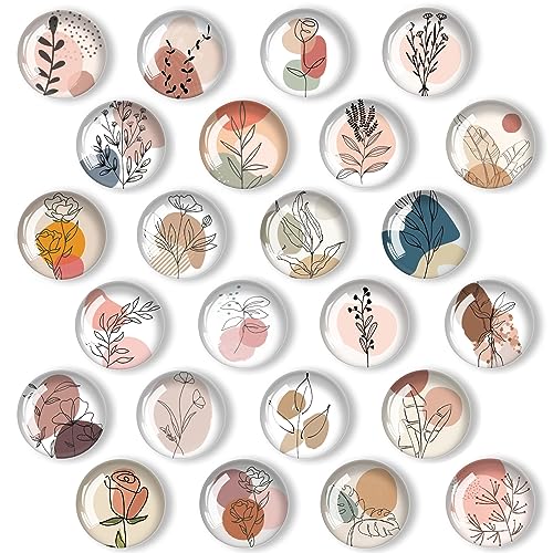 YayaCat 24Pcs 1.2in Round Crystal Glass Refrigerator Magnets,Line Drawing Flower Magnets for Fridge and Locker,Cute Decorative Whiteboard Blackboard Magnets for Office and Kitchen (Plant Line Drawing)