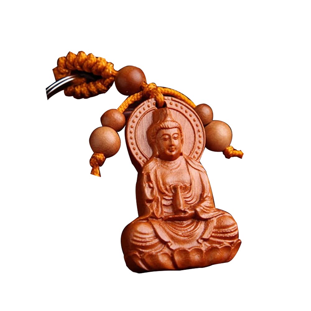 Tossper Brown Wood Carving Chinese Buddhism Guan Kwan Yin Buddha Statue Pendant Key Chain