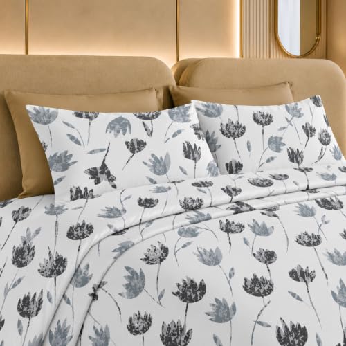 Image of Jaipur Weaves Cotton Linen Feel King Size Bedsheet 108x108 Super King, 100% Pure Cotton Bed Sheet with 2 Pillow Covers, 300 TC Soft Breathable Floral Design Bedding -(Tulips Blue, Super King)