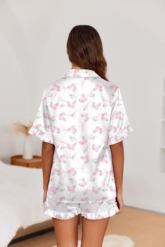 Image of Ekouaer Satin Pajama Set for Women Button Down Silk 2 Piece Pj Sets Ruffle Short Sleeve Sleepwear