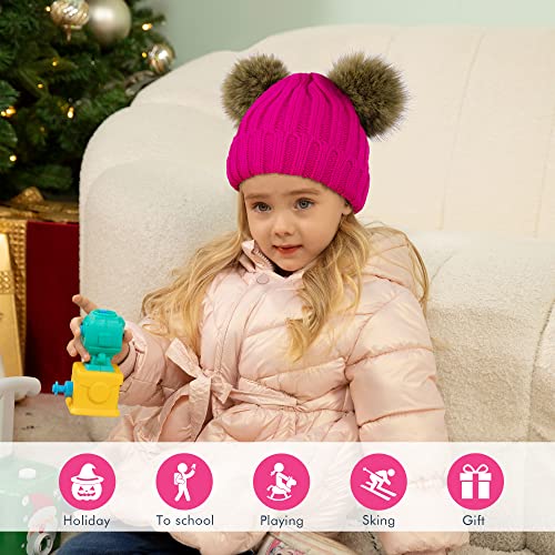 Simplicity Toddler Girl Winter Hats With Poms Girls Beanie Kids Winter Hat Pom Pom Beanies For Girls Fleece Lined Toddler Beanies For Outdoor, Rose #TOP4