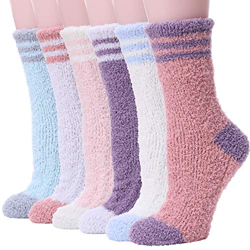 Womens Girls Fuzzy Slipper Socks 6 Pair Fluffy Soft Cabin Warm Cozy Winter Stocking Stuffers Fleece Adult Sleep Plush Socks ?Mix Color-E?