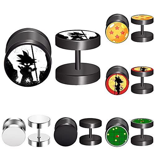 FLYUN 6Pairs Anime Fake Gauges Earring for Men Boy, Fake Gauge Fake Plugs 10MM 18G Screw Stud Black Men's Earrings