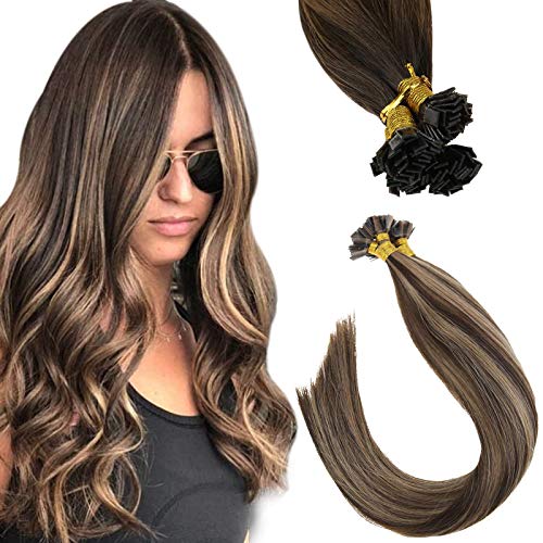 VeSunny 18inch Flat Tip Glue in Hair Extensions Human Hair Color #4 Dark Brown Highlighted #27 Caramel Blonde Fusion Glue Tip Hair Extensions Remy Straight Hair 1G 50Strands