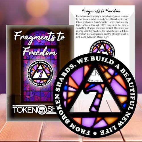 Image of Stained Glass 7 Year AA Chip Sobriety Coin Medallion, Fragments to Freedom Alcoholics Anonymous Addiction Recovery Anniversary Token, Inspirational Sober Gifts for Men and Women by the Token Shop