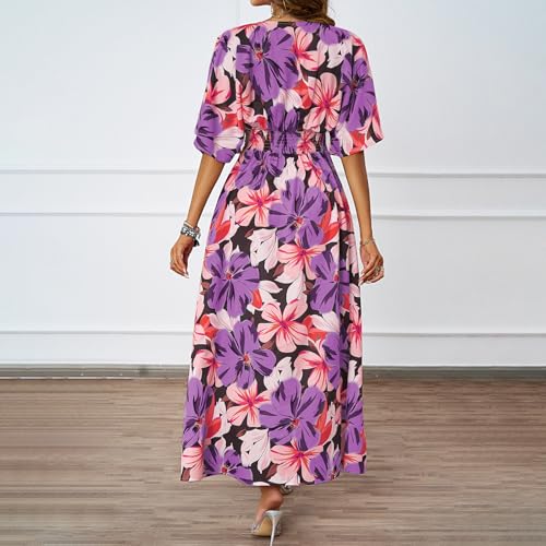 Image of Women's Floral Print Boho Dress Side Split Deep V Neck Short Sleeves Maxi Dress A-Line Flowy Maxi Dresses