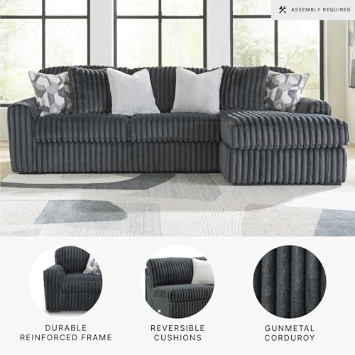 Image of Signature Design by Ashley 3-Piece L-Shape Sectional Sofa, Gunmetal | 100% polyester jumbo corduroy, Engineered wood, Right-arm facing chaise, Living room use, Midnight-Madness Series