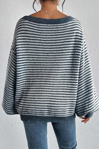 Chic and Cozy Sweater with Lantern Sleeves - Sail Blue Striped Pattern2