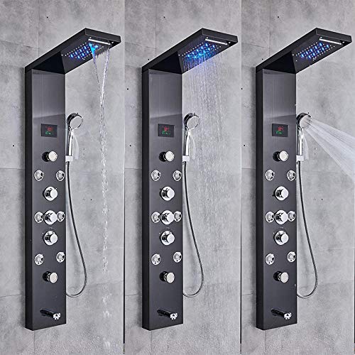 Columna de ducha hidroeléctrica con pantalla LCD, luz LED, efecto cascada y tres manetas (negro) miniatura 3