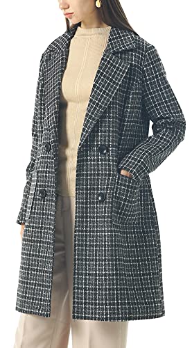 Image of chouyatou Women Elegant Notched Collar Double Breasted Wool Blend Over Coat (Medium, Black-Plaid)