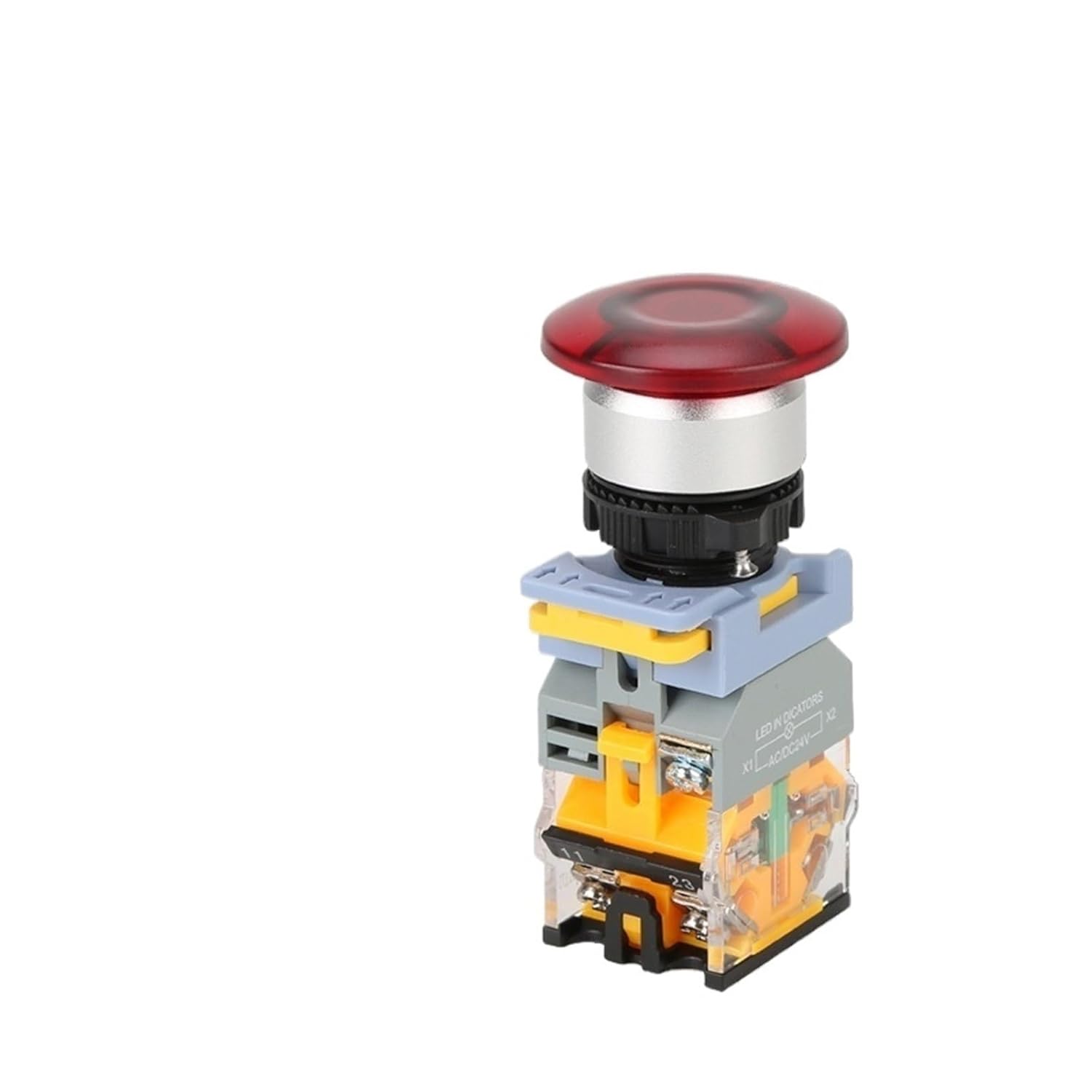 22mm red Mushroom-Shaped Push-Button Switch with Indicator Light, Emergency Stop Reset/Lock Power Silver Contacts(Red,Latching Locking_1NC_12 V)