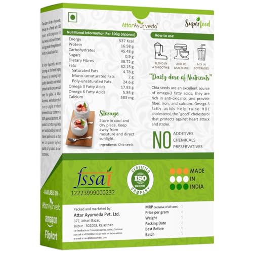 Image of Attar Ayurveda Chia Seeds 250 gm - For Weight Management and Eating | Pure and Natural | Preservative-free | Non-GMO | Clean and Sorted | Rich in Calcium, Protein, Omega-3 & Fibre |