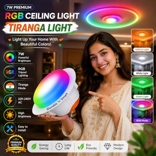 Image of iDurable 'N' Smart 7W Tiranga LED Ceiling Light | 3 in 1 RGB Tri-Color Glow Light | LED Downlight for Home, Bedroom, Living Room & Decoration | 220-240V AC Energy Saving Light Code-14