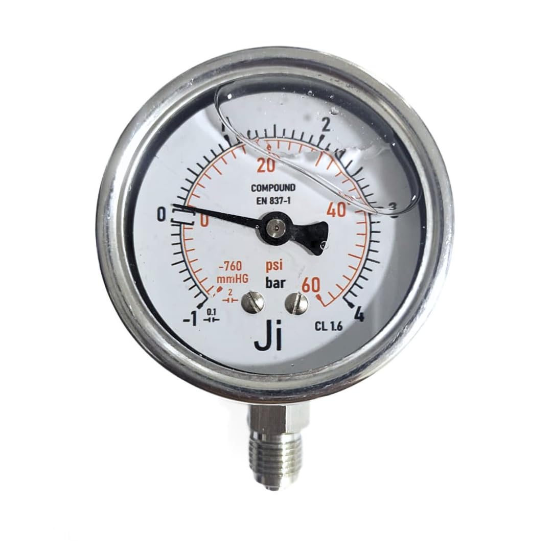 "Ji" Japsin Instrumentation Economical Compound Gauge, 2 1/2" Dial (63 mm), Range -1 to 4 Bar With Dual Scale of -760 mmHG to 60 PSI, Direct Mounting Bottom Entry, 1/4" BSP (M) Connection, SS Body-picture-13