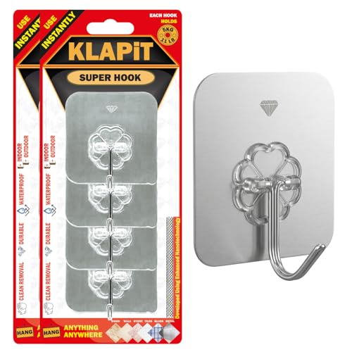 Image of KLAPiT Super Hook - Heavy Duty Adhesive Wall Hooks, No Drilling, Waterproof, Damage-Free Hanging Solution for Bedroom, Bathroom, and Kitchen Items - Silver, 8 pcs.