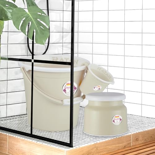 Image of RATAN PLASTICWARE Plastic Bathroom Set of 3 Pieces Combo Pack Gloria Plain 18 Liters Bucket + Nova Stool Patla 107 + Gloria Plain Bath Mug 1 Liter Color Twist Beige