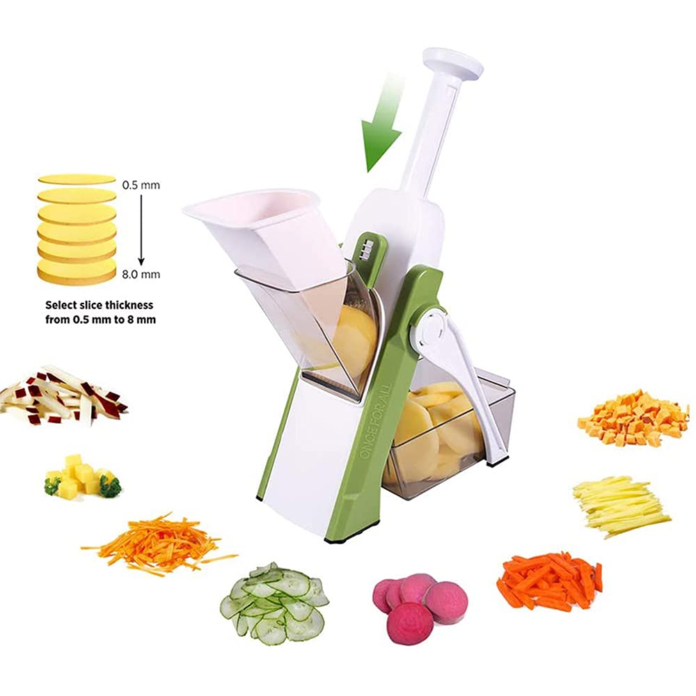 Cortador de mandolina profesional con 4 modos de corte, corte de dados en juliana, seguro y fácil de usar, cortador manual de alimentos para chefs y uso doméstico (verde)