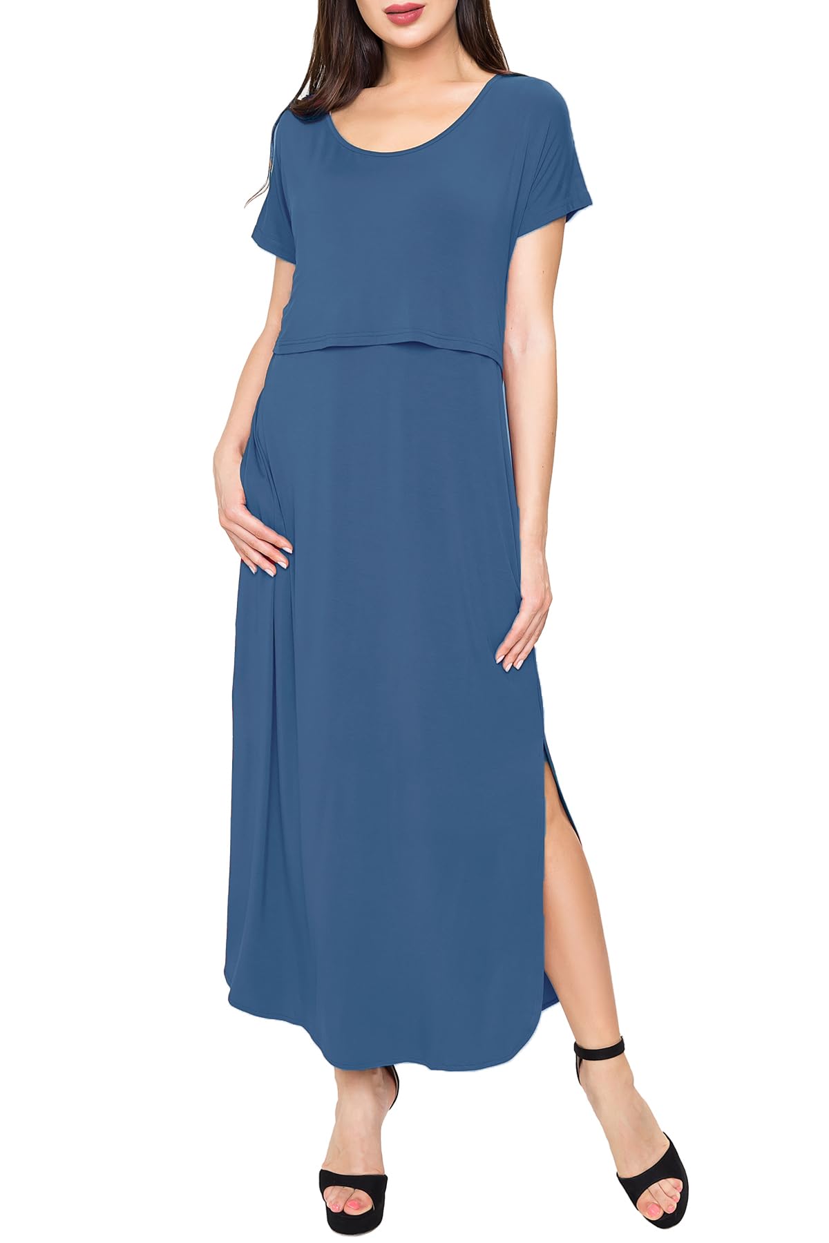 Smallshow Damen Lang Split Stillkleid Kurzarm Umstandskleid Sommer