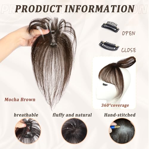 Vigorous Bangs Hair Clip 100% Real Human Hair 360°Cover Clip in Bangs for Women 3D Wispy Bangs Hairpieces Fake Bangs for Daily Wear(Mocha brown) - Image 3