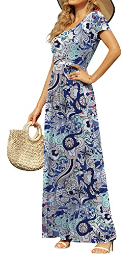 Image of DB MOON Womens 2026 Casual Summer Plus Size Maxi Dresses Short Sleeve Empire Waist Long Dress with Pockets(Blue Floral 02, 2XL)