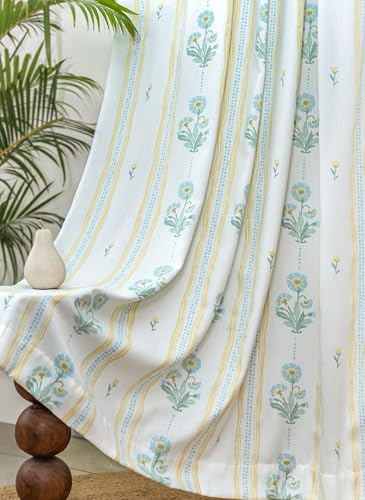 Image of Tranquebar Curtain Co. Window Curtains 5 Feet, 60-65% Room Darkening, Blue-Yellow Floral Print, Cotton Curtains for Window, Cotton Curtains 5 Feet Long Set of 2,BackTab Loops,Dani (152 cm) - Set of 2