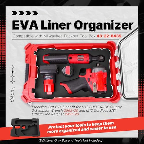 Yudylg EVA Liner Organizer for Milwaukee Packout Tool Box 48-22-8435,Custom EVA Inserts for Milwaukee M12 FUELTRADE Stubby 3/8 Impact Wrench 2562-20 and M12 Cordless 3/8\" Lithium-Ion Ratchet 2457-20