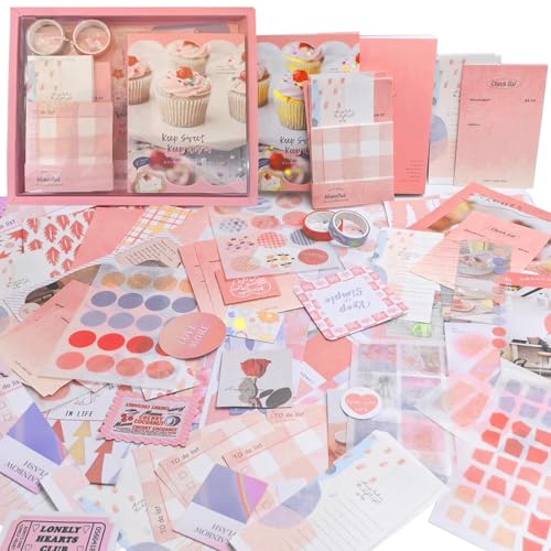 ROEOWENE 410 PCS Journal Kit Scrapbooking Pegatinas Scrapbook Papeles diy Scrapbooking Materiales Papeleria Aesthetic Diario Album Scrapbook Manualidades Regalos Mujeres Adolescentes-Rosa