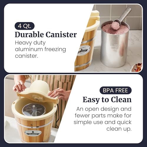 Image of Elite Gourmet EIM924LX 4Qt Old Fashioned Vintage Appalachian Wood Bucket Electric Ice Cream Maker Machine with Leak-Proof Liner, Uses Ice and Rock Salt Churns Ice Cream in Minutes, Cream