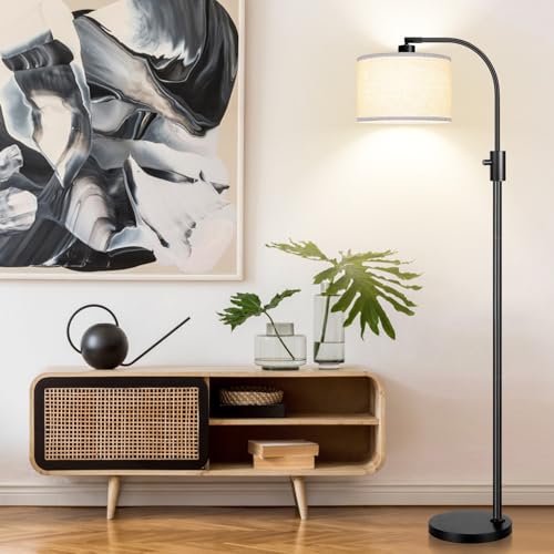 Image of Nintiue Upgraded Modern Arc Dimmable Tall Standing Floor Lamp with Linen Shade, 1200 Lumens LED Bulb Included, for Living & Reading Room, Bedroom, Office & Nursery, Matte Black