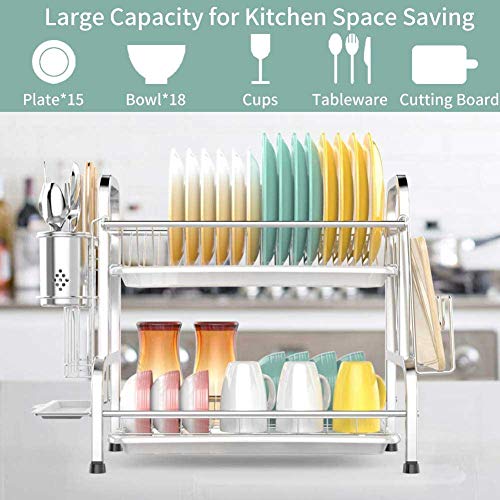 Ocharzy Dish Drying Rack 2 Tier Dish Drainer with Drain Board, Utensil Holder, Cutting Board Holder for Kitchen Counter (Silver) - Thumbnail 3