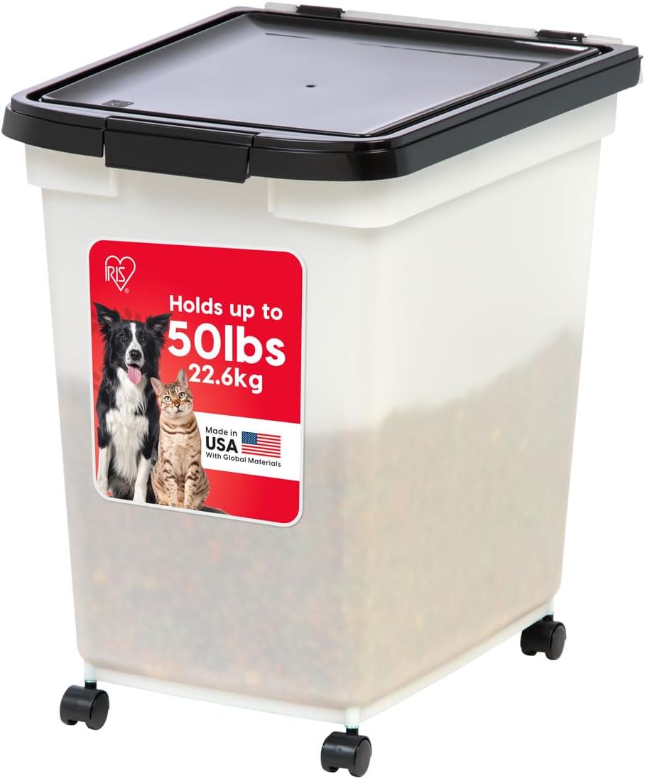 IRIS USA 50 Lbs / 65 Qt WeatherPro Airtight Pet Food Storage Container with Removable Casters, for Dog Cat Bird and other Pet Food Storage Bin, Keep Fresh, Translucent Body, Easy Mobility, Pearl/Black 1 Count (Pack of 1) Pearl