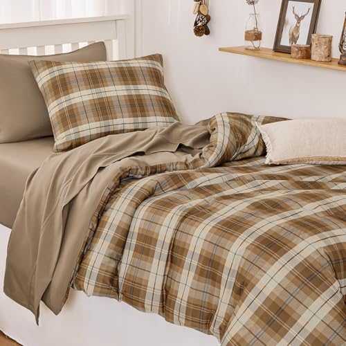 Image of Wake In Cloud - Plaid Comforter Set, Scottish Tartan Check Geometric Modern Pattern Printed, Soft Lightweight Bedding, 3 Pieces, Brown, Twin /Twin XL Size