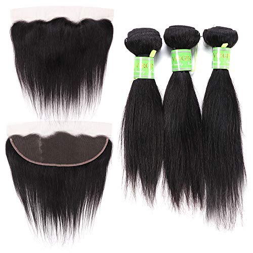 Brazilian Virgin Straight Human Hair Bundles with 13 x 4 Lace Frontal (8" 10" 12" + 8") Unprocessed Virgin Straight Hair 3 Bundles Black Human Hair Weave Extensions with Lace Closure Natural Black