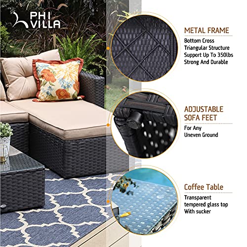 Phi Villa Patio Sectional Wicker Rattan Small L-Shaped Outdoor Furniture Sofa Set Clearance With Upgrade Rattan (3 Piece,Beige) #TOP18