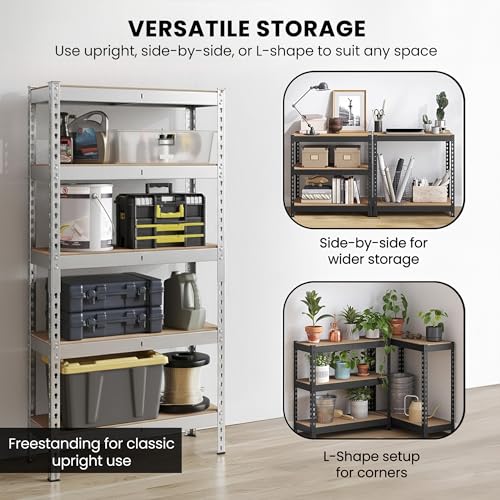 Image of Robustt 5-Tier Multipurpose Storage Rack | Bolt-Free Assembly | Metal Stand with Thick MDF Board | 175kg Capacity Per Shelf | 63 x 24 x 12 in Adjustable Shelf Rack for Home, Garage & Shop | Silver
